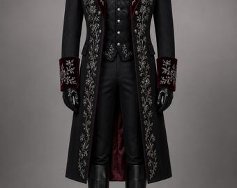 Men's Victorian Gothic Frock Coat Royal Prince Jacket Silver Embroidered Military Tailcoat Wedding Steampunk Vampire Costume Coat, Best Gift