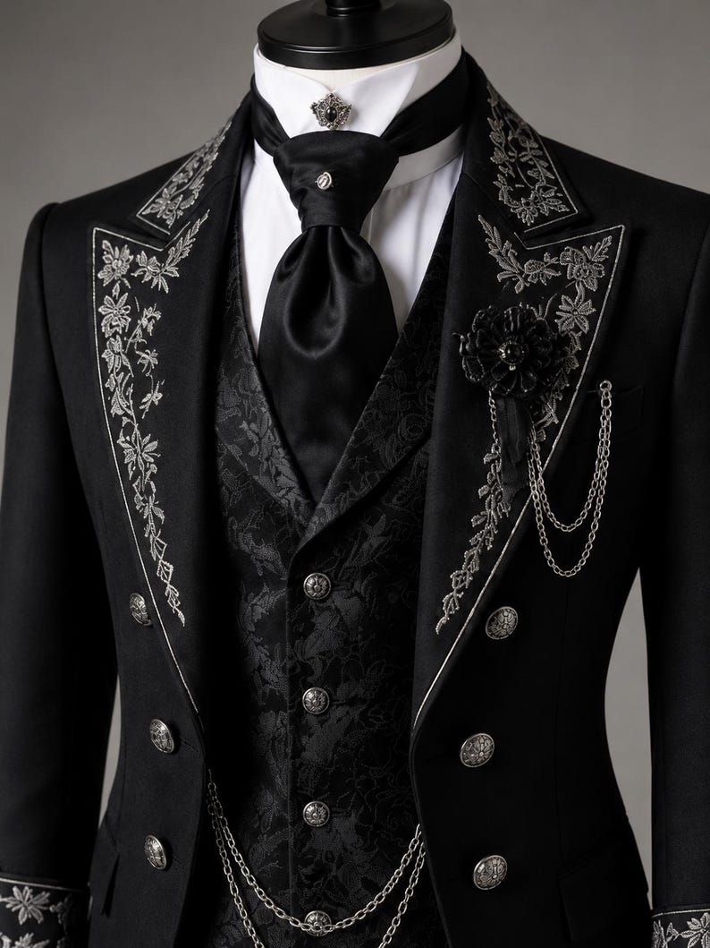 Men's Royal Black Gothic Long Coat Set styled as a Victorian embroidered tailcoat suit with detailed silver embellishments and luxurious formal tailoring. This aristocrat wedding outfit combines vintage elegance with Gothic fashion, making it a perfect gothic wedding coat for ceremonies, receptions, theatrical performances, and costume events. Long cotton trench coat silhouette adds dramatic movement and timeless Victorian charm.