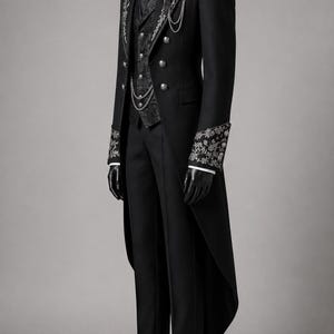 Elegant black Victorian embroidered tailcoat suit designed for gentlemen seeking a refined aristocrat wedding outfit. Featuring ornate silver embroidery, structured tailoring, decorative chains, and a formal waistcoat, this gothic wedding coat blends historical fashion with modern sophistication. Inspired by classic cotton trench coat styling, it is perfect for Gothic formal wear, Victorian-themed events, cosplay, and luxury weddings.