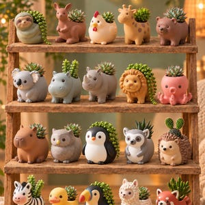 Puede incluir: Una colección de 20 macetas con forma de animal expuestas en un estante de madera. Las macetas representan varios animales, incluyendo un perezoso, canguro, pollo, jirafa, oso, koala, hipopótamo, rinoceronte, león, pulpo, capibara, búho, pingüino, lémur, erizo, cebra, pato, tucán, llama y panda rojo, cada uno con una pequeña planta suculenta.