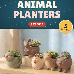 May include: A set of five 3D printable animal planters featuring a sloth, kangaroo, chicken, giraffe, and bear cub. The text reads CUTE 3D PRINTABLE POTS ANIMAL PLANTERS SET OF 5 5 DESIGNS and Sloth Kangaroo Chicken Giraffe Bear Cub.