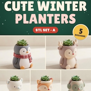 May include: A set of 3D printable STL files for 5 winter planters featuring a penguin with a scarf, a reindeer, a polar bear, a fox, and an owl. Each planter is shaped like an animal and holds a small green succulent plant.