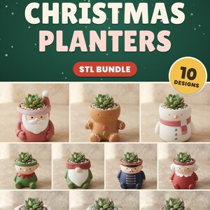 Bundel met kerstbloempotten in STL-formaat, 10 schattige potjes voor vetplanten, kerstman, sneeuwpop, peperkoekelf, kabouter en notenkraker, 3D-printbare bestanden, digitale download