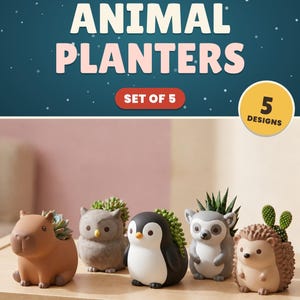 Animal Planter STL Set of 5, Capybara Owl Penguin Lemur Hedgehog Succulent Pots, Cute 3D Printable Planter Files, Digital Download
