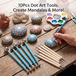 May include: A set of 10 dot art tools with blue handles and metal ball tips, alongside wooden stylus tools. The set includes painted stones with mandala patterns, a white paint palette, and text reading 10Pcs Dot Art Tools. Create Mandalas & More!