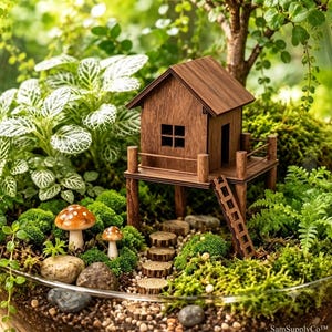 May include: A miniature wooden house on stilts with a ladder, positioned in a terrarium. The scene includes two brown mushrooms with white spots, a path of small wooden rounds, green moss, and various plants, all set within a glass container.