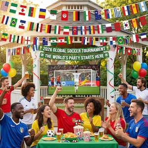 May include: A festive outdoor scene with a group of people celebrating a soccer game. A large screen displays the game, and a banner reads "2026 GLOBAL SOCCER TOURNAMENT THE WORLD'S PARTY STARTS HERE." Colorful flags of various nations decorate the scene.