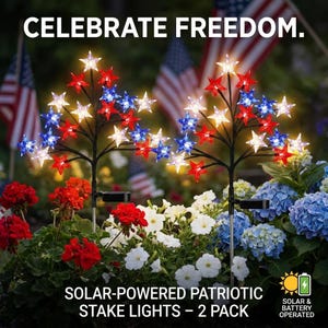 May include: Solar-powered patriotic stake lights in a 2-pack. The lights are shaped like trees with red, white, and blue star-shaped lights. The image includes the text "CELEBRATE FREEDOM."