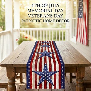 May include: A patriotic table runner with a red, white, and blue star and stripe design. The runner is placed on a wooden table. The text in the image reads: 4th of July, Memorial Day, Veterans Day, Patriotic Home Decor.