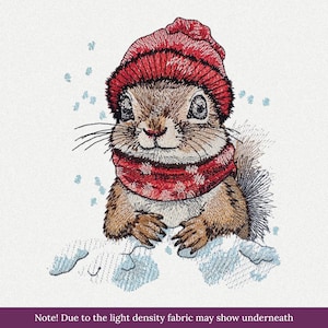 May include: An embroidered design of a brown squirrel wearing a red knit hat and a red scarf. The squirrel is surrounded by small blue embroidered snowflakes. Below the squirrel, there is a patch of light blue snow. Text reads: Note! Due to the light density fabric may show underneath.