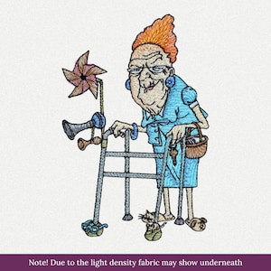 May include: An embroidered design of an elderly person with orange hair wearing a blue dress and glasses, leaning on a grey walker. The walker features a pinwheel, a horn, and a small basket. The person wears slippers shaped like small animals.