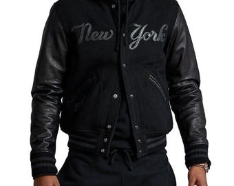 Polo Ralph Lauren NY Yankees Black Leather, Baseball MLB Bomber Jackets, Leather Varsity Coat