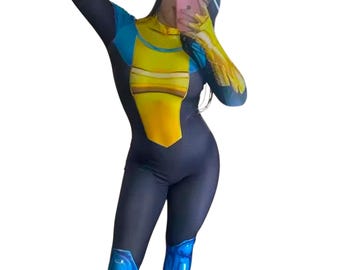 Hero-Inspired Yellow Blue Cosplay Suit | Adult Comic Style Bodysuit Costume | Animated Superhero Zentai Outfit | Halloween Cosplay Suit