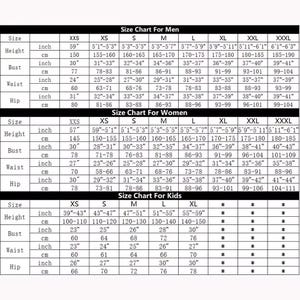 May include: A detailed size chart for men, women, and kids, with measurements in inches and centimeters. The chart includes sizes XXS to XXXL, listing height, bust, waist, and hip measurements for clothing.