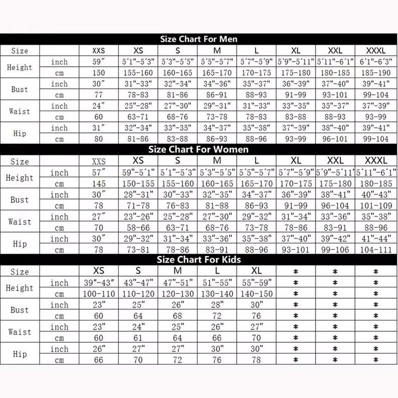 May include: A detailed size chart for men, women, and kids, with measurements in inches and centimeters. The chart includes sizes XXS to XXXL, listing height, bust, waist, and hip measurements for clothing.