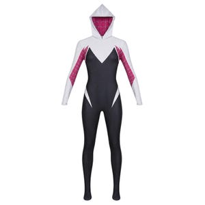 May include: A full-body costume in black, white, and pink, featuring a hooded top. The costume has white sleeves with pink and white webbed detailing, a black torso with white accents, and black legs. The hood's interior is pink.