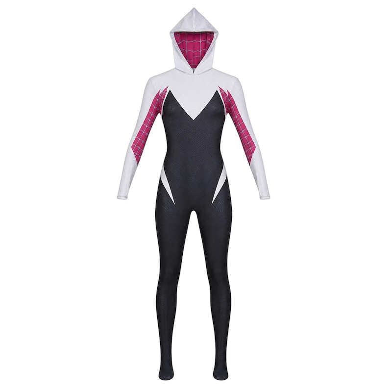May include: A full-body costume in black, white, and pink, featuring a hooded top. The costume has white sleeves with pink and white webbed detailing, a black torso with white accents, and black legs. The hood's interior is pink.