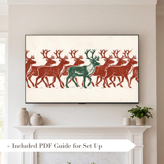 Reindeer Block Print Samsung Frame TV Art — view 2