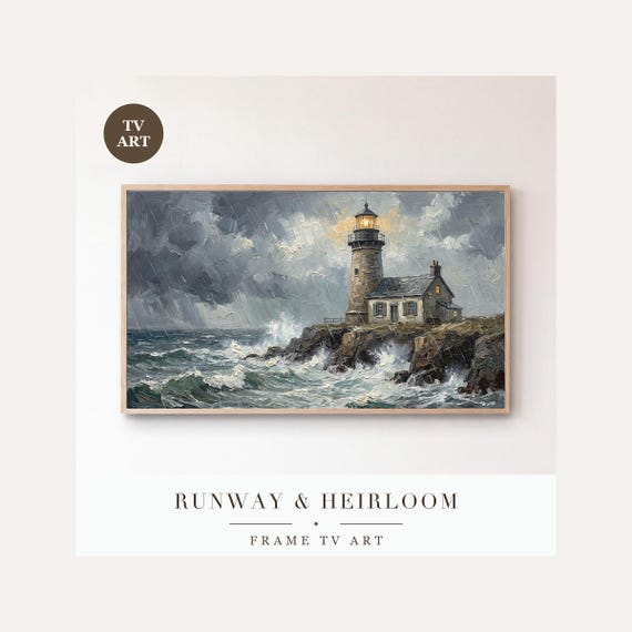 Lighthouse Keepers Cottage Frame TV Art, Samsung Frame TV Art Stormy Coastal Oil Painting, Mood…
