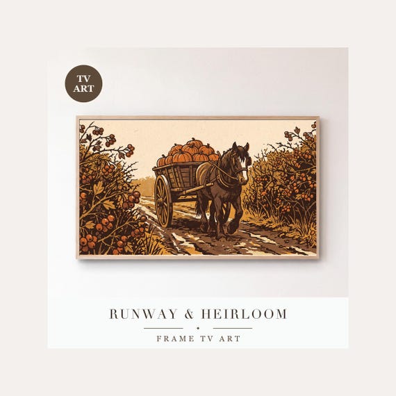 Pumpkin Cart Frame TV Art, Samsung Frame TV Art Vintage Screen Print Fall Harvest, Autumn Farmh…