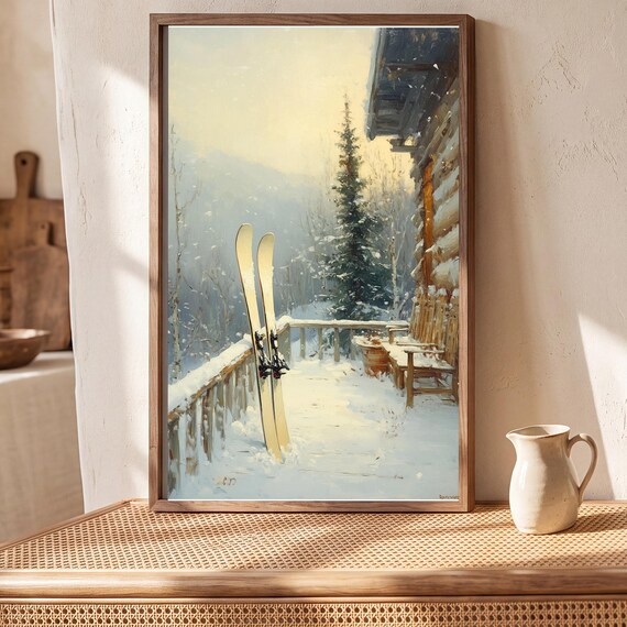 Vintage Skis on a Porch Antique Oil Painting — view 5