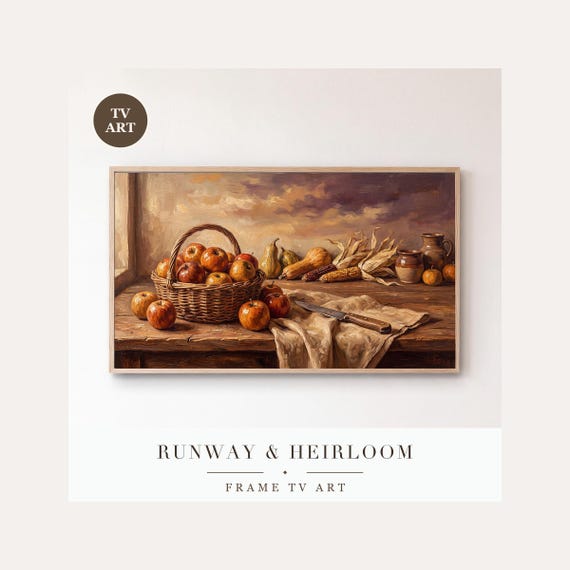 Apple Basket Frame TV Art, Samsung Frame TV Art Autumn Harvest Still Life Oil Painting, Fall Fa…