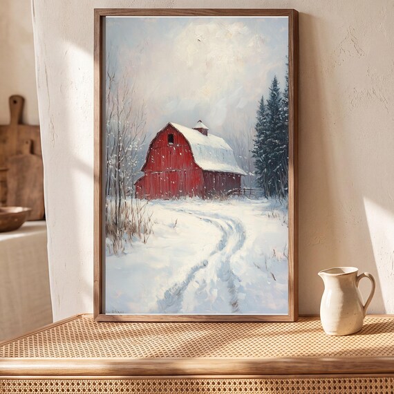 Red Barn in a Whiteout Antique Oil Painting — view 5