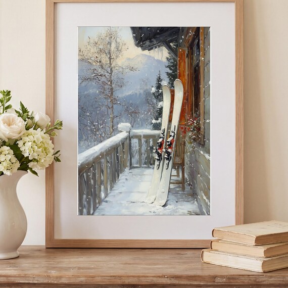 Skis on a Porch Antique Oil Painting — view 2