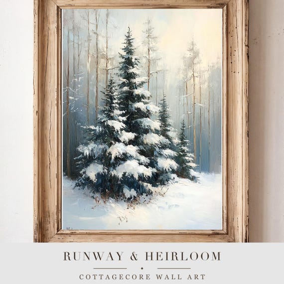 Snowy Evergreen Bough Antique Oil Painting