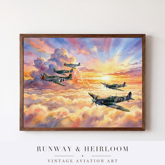 Warbird Formation Watercolor Print — aviation wall art print