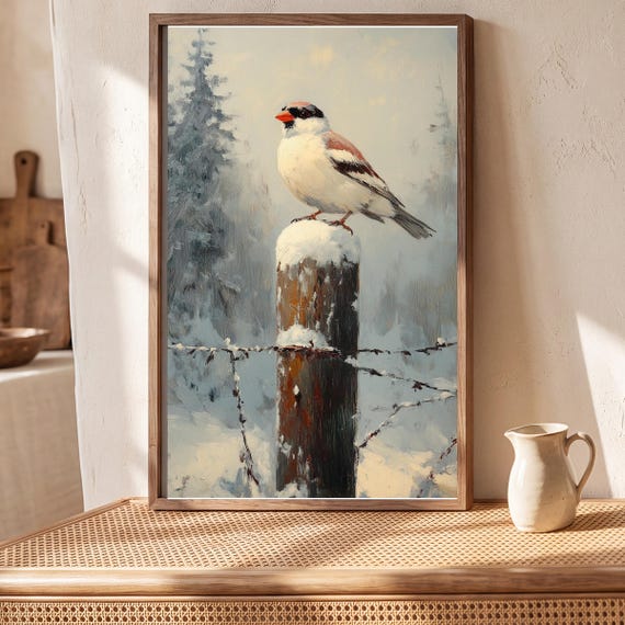 Snow Bunting on a Fence Antique Oil Painting — view 5
