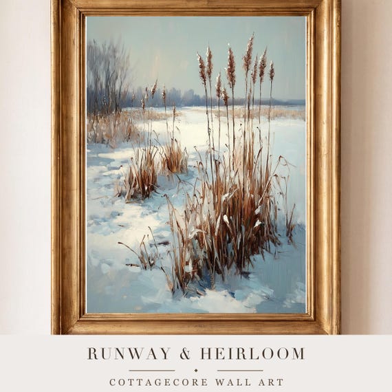 Reeds in a Frozen Marsh Antique Oil Painting — view 4