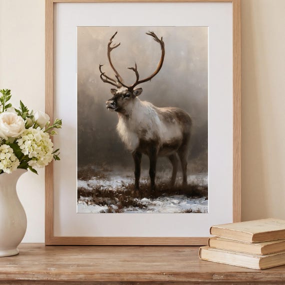 Reindeer in Fog Antique Oil Painting — view 2