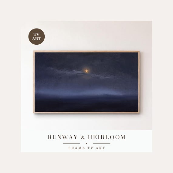 Star Through Thin Cloud Frame TV Art, Samsung Frame TV Art Minimalist Night Nocturne, Gold Star…