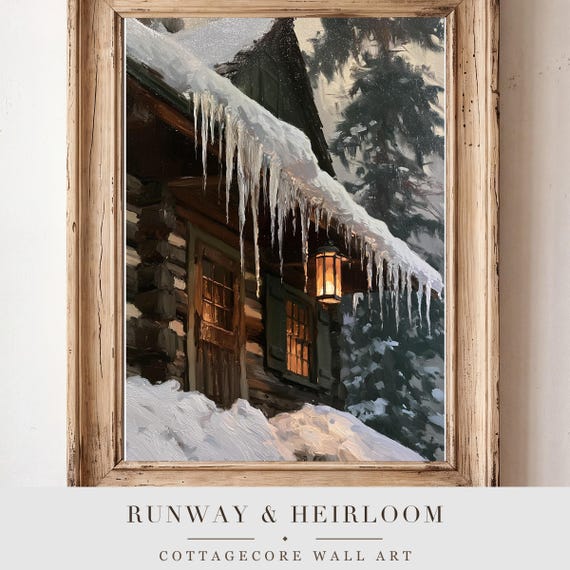 Icicles on a Cabin Antique Oil Painting