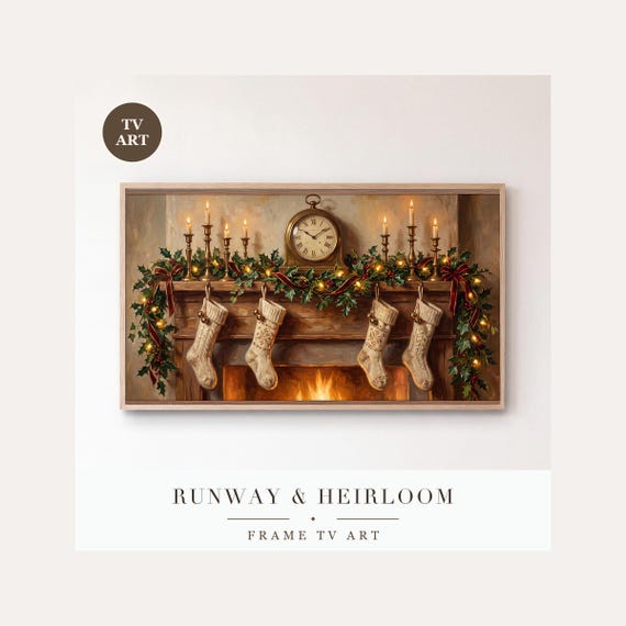 Christmas Mantel Frame TV Art Bundle of 6, Samsung Frame TV Art Cozy Fireplace Oil Painting, St…