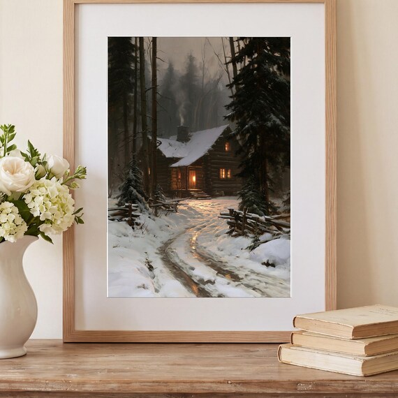 Snowy Log Cabin Antique Oil Painting Print — view 2