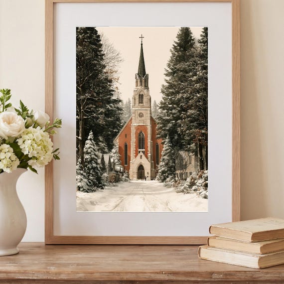 Snowy Village Church Watercolor Art Print — view 2
