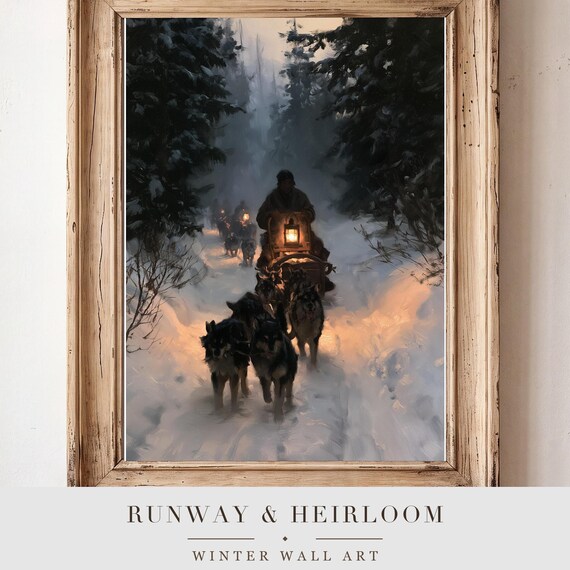 Sled Dog Team Antique Oil Painting