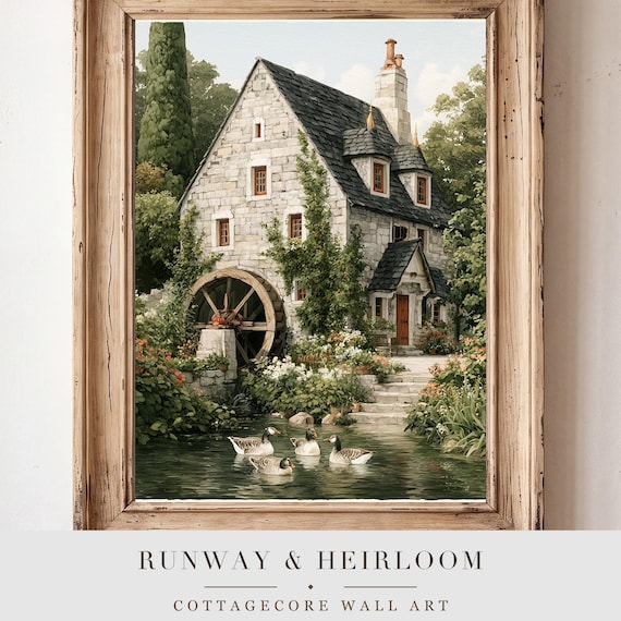 Stone Mill House with Geese Watercolor Art Print