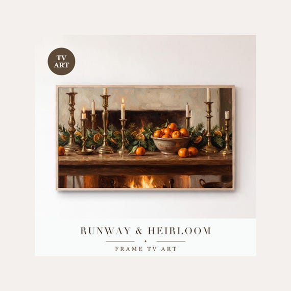Candlesticks and Clementines Frame TV Art, Samsung Frame TV Art Christmas Mantel Oil, Cozy Holi…
