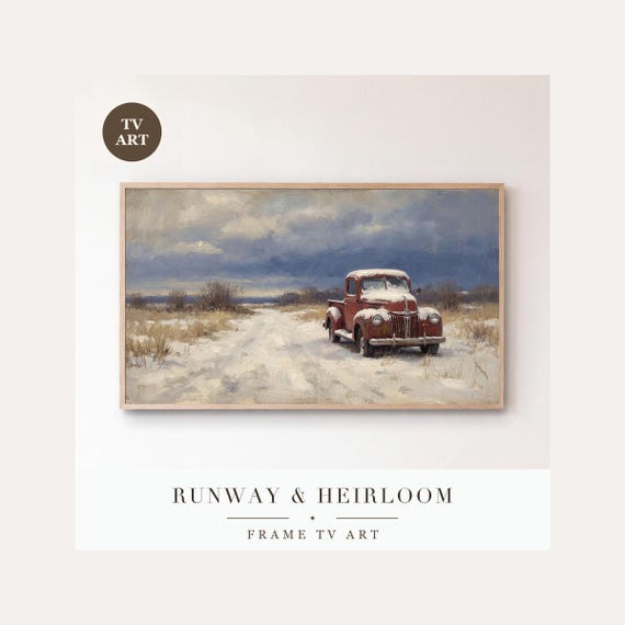 Truck Under Snow Frame TV Art, Samsung Frame TV Art Snowstorm Tonalist Oil Painting, Rustic Far…