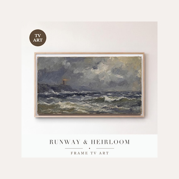 Lighthouse Light from the Sea Frame TV Art, Samsung Frame TV Art Dramatic Marine Oil Painting, …