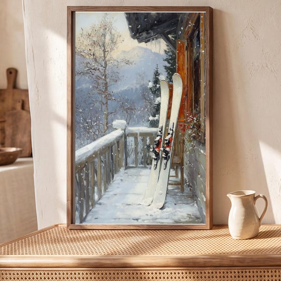Skis on a Porch Antique Oil Painting — view 5