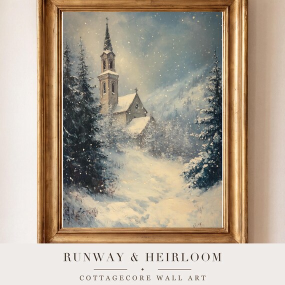Church in a Blizzard Antique Oil Painting — view 4