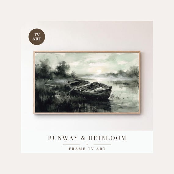 Old Marsh Boat Frame TV Art, Samsung Frame TV Art Tonalist Moonrise Nocturne, Moody Halloween D…