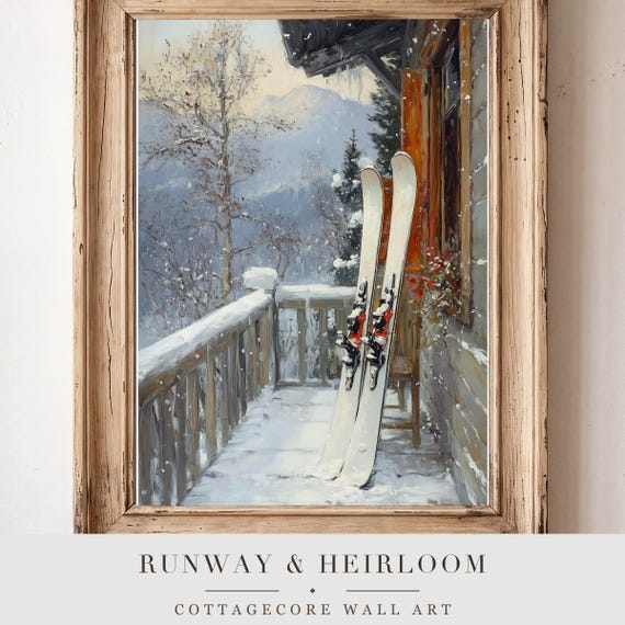 Skis on a Porch Antique Oil Painting