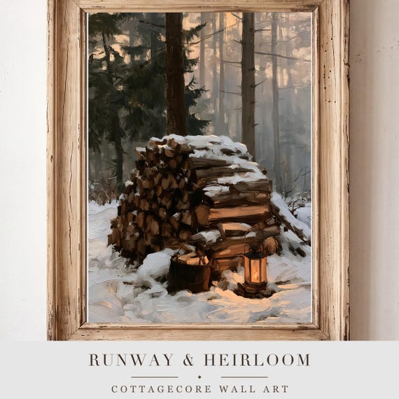 Snowy Woodpile Antique Oil Painting