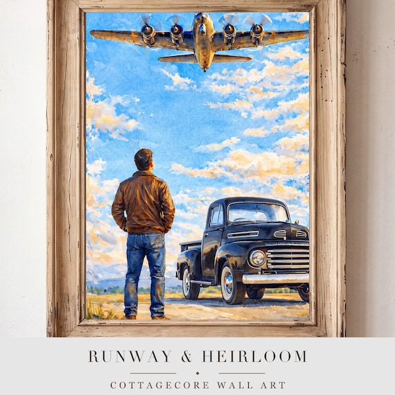 Vintage Truck and Airplane Watercolor Print