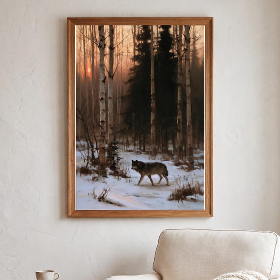 Wolf in a Birch Grove Antique Oil Painting — view 5